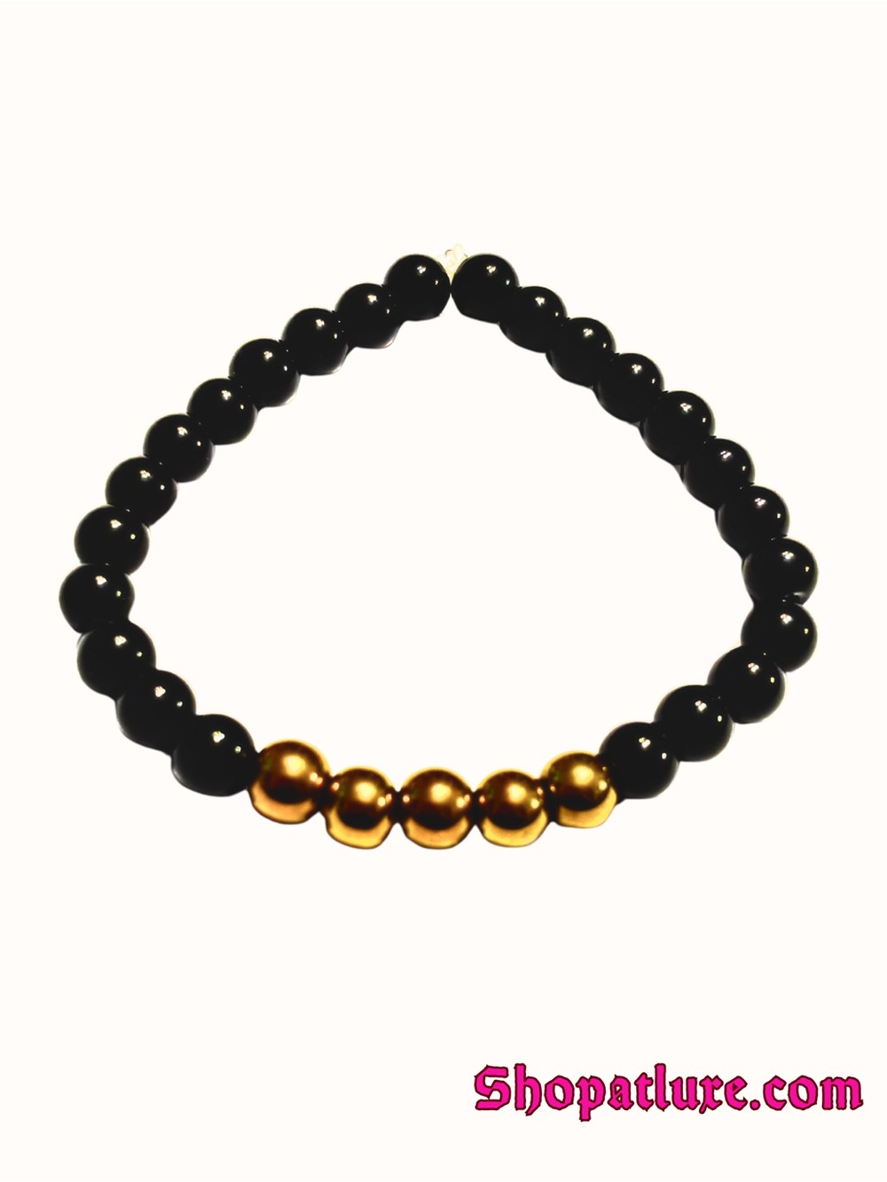 Gold Hematite and Genuine Onyx Beaded Stretch Bracelet - Picture 3 of 4